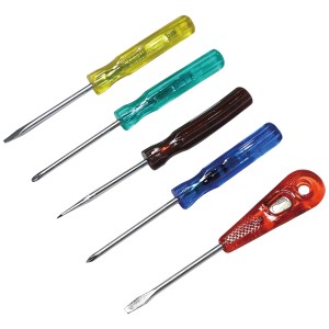 Mini jeu de tournevis LUX, 5 pièces avec manches colorés : plat, cruciforme, poinçon et alésoir.