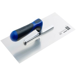Spatola lisciante LUX Comfort, in acciaio inox, con impugnatura morbida blu e nera. Ideale per adesivi per piastrelle e pavimenti.