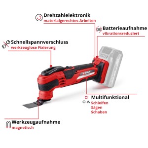 Outil multifonction sans fil Einhell Power X-Change Varrito Solo, rouge/noir, avec accessoires pour scier, poncer et gratter.