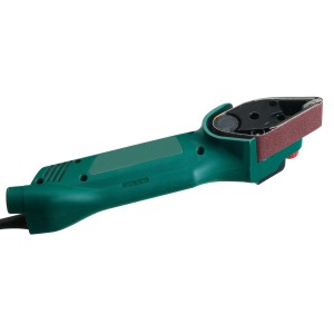 Levigatrice a nastro LUX, utensile elettrico verde per levigare superfici, vista dettagliata.