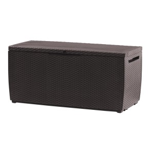 Coffre de rangement marron Keter Capri aspect rotin, idéal pour coussins et accessoires de jardin.