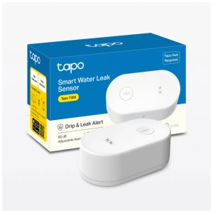 Tapo Wasserleck-Sensor T300 in Weiß mit Verpackung. Hausautomation für zuverlässige Leckerkennung.