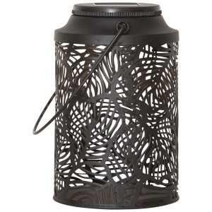 Lanterne solaire LED Leafy noire avec motif de feuilles, hauteur 17 cm, pour l'extérieur.