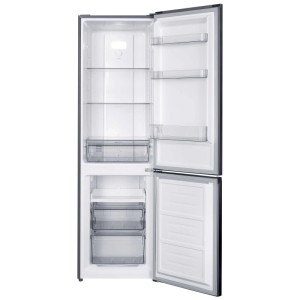 Frigorifero combinato Trisa in acciaio inox aperto con capacità di 253 l e illuminazione a LED.