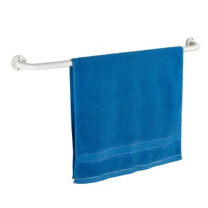 Portasciugamani Wenko Basic, acciaio inox, bianco, con asciugamano blu.