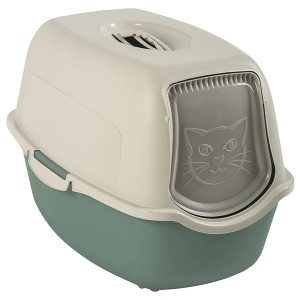 Maison de toilette pour chat Rotho Eco Bailey vert/sable avec trappe et filtre à charbon.