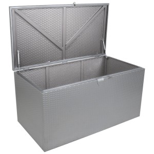 Box per cuscini Spacemaker in metallo argentato aperta, 66x70x133 cm, per riporre in giardino.