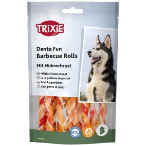Trixie Denta Fun Kaurollen Barbecue Huhn, 10 Stück, zur Zahnpflege für Hunde.