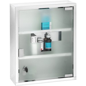 Meuble haut de salle de bain Wenko couleur aluminium, 40 cm de large, avec porte en verre dépoli et trois étagères.