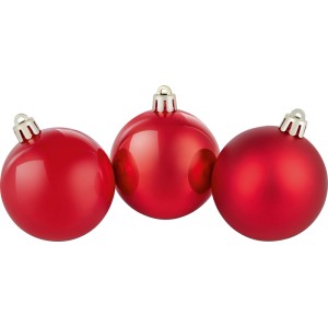 Set aus 25 roten 6 cm Kunststoff-Weihnachtskugeln in glänzend, matt und seidenmatt mit silbernen Kappen.