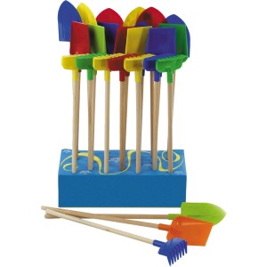 Ensemble d'outils de jardin et de sable Happy People, couleurs assorties, avec manches en bois.