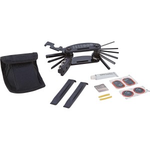 Kit de réparation vélo Prophete avec multi-outil, démonte-pneus, rustines et sacoche de ceinture.