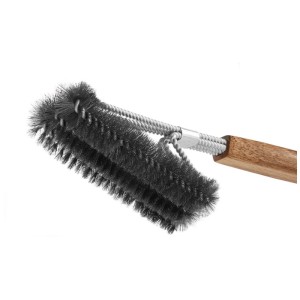 Brosse pour barbecue Burnhard avec manche en acacia et poils en acier inoxydable, 42 cm de long.