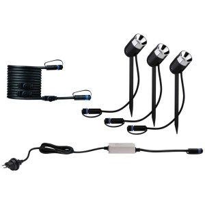 Paulmann Plug & Shine Pike Set: 3 faretti LED antracite con picchetto, trasformatore e cavo per illuminazione esterna.