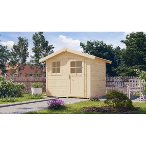 Abri de jardin en bois naturel 123 avec toit à deux pentes, épaisseur de paroi 28 mm.