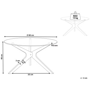 Schéma : Table basse Beliani Valley, verre transparent, Ø 80 cm, hauteur 46 cm, dimensions.