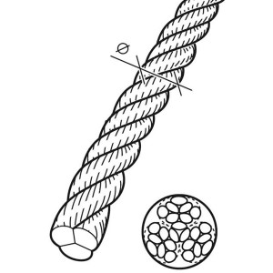 Illustrazione di una corda in poliestere bianca intrecciata (6 mm, 20 m) con sezione trasversale.