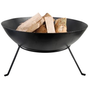 Schwarze Feuerschale (Ø 59cm) auf Ständer mit Holzscheiten.