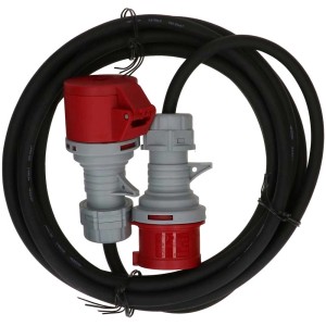 Rallonge CEE noire (5 m) avec fiche et prise 5 pôles, adaptée à une utilisation extérieure.