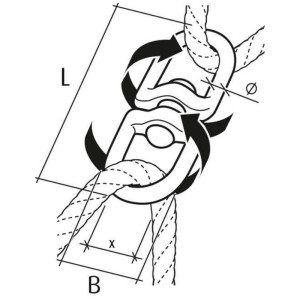 Disegno di girella per fune Niro per sedie sospese, dimensioni L, B, x e Ø mostrate.