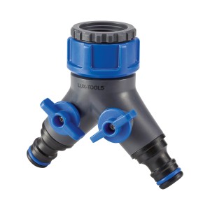 Vanne à 2 voies LUX pour tuyaux d'arrosage, 26,4 mm à 33,3 mm, forme en Y, en plastique résistant aux UV et au gel.
