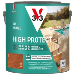 V33 Holzöl High Protect Teak 2,5 l für Holzmöbel und Terrassen, schützt vor Nässe und UV-Strahlen.