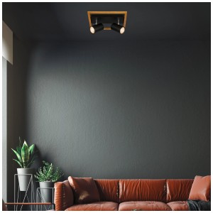 Plafonnier Briloner, 2 lampes, noir avec cadre en bois. Spots orientables pour un éclairage flexible.