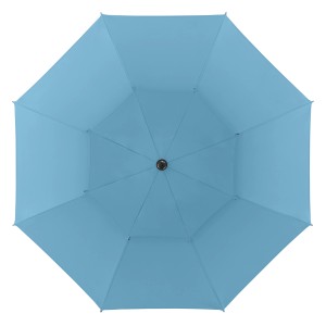 Parasol de plage bleu Doppler Windprofi Neo 200 vu d'en bas, idéal pour les jours de vent à la plage.