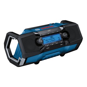 Radio sans fil Bosch Professional GPB 18V-2 SC Solo, bleu-noir, avec écran digital et poignée.