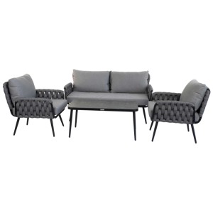 Modernes Greemotion Lounge-Set Madeira, 4-tlg. mit Sofa, 2 Sesseln, Tisch. Grau, Aluminiumrahmen, Gummiseilgeflecht.