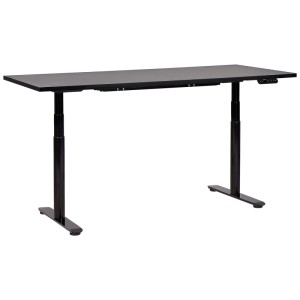 Schwarzer, elektrisch höhenverstellbarer Schreibtisch Destinas 180x80 cm. Rechteckige Platte, runde Beine, Touchpad.
