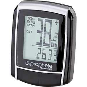 Ciclocomputer Prophete con display LCD che mostra velocità e distanza.