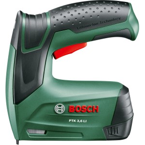 Agrafeuse sans fil Bosch PTK 3,6 Li, agrafeuse électrique verte avec déclencheur rouge.