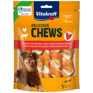 Vitakraft Delicious Chews spirali masticabili al pollo, 5 pz. Snack per cani in pelle bovina con pollo.