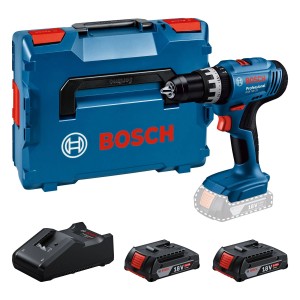 Trapano a percussione a batteria Bosch Professional GSB 18V-25 con batterie, caricabatterie e valigetta.