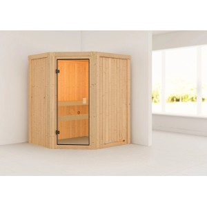 Sauna Karibu Faurin con ingresso ad angolo e porta in vetro bronzato. Sauna in legno massello con due panche.