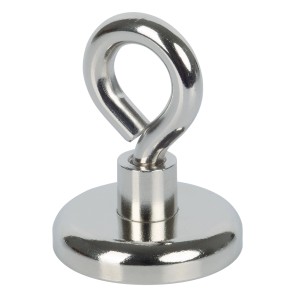 Aimant en pot néodyme Fix-o-moll avec œillet, 44 mm, accessoire ménager argenté pour suspendre et fixer.