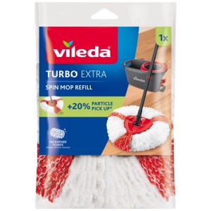 Recharge serpillière Vileda Turbo Extra en microfibre, blanc-rouge, emballée. Pour système EasyWring.