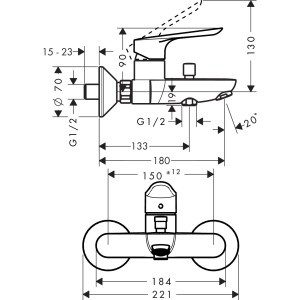 Disegno tecnico del miscelatore per vasca esterno Hansgrohe Logis E in cromo con dimensioni.