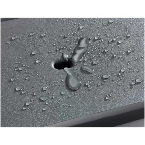 Gros plan : Siège de bain Wenko Secura Premium anthracite avec drain d'eau et gouttes d'eau.