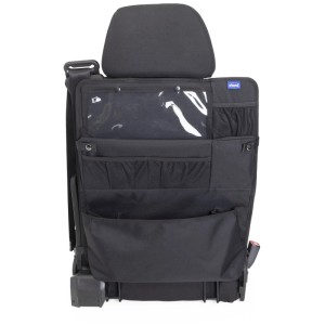 Schwarzer Chicco Rücksitzorganizer Deluxe mit Taschen und Tabletthalter zur Befestigung am Autositz.