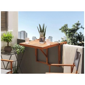 Tavolino da balcone Beliani Udine in legno acacia marrone scuro, pieghevole e salvaspazio.