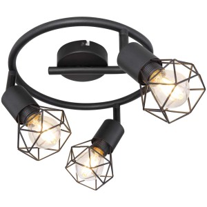 Faretto nero Globo Xara I con 3 attacchi E14 e design a gabbia.