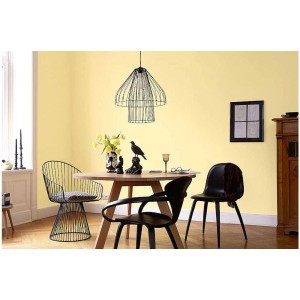 Soggiorno dipinto in Reserved Yellow con pittura murale Alpina Finest Colours.
