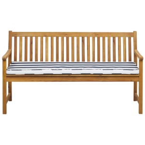 Banc de jardin Vivara en bois d'acacia clair avec coussin rayé bleu marine et blanc. Robuste.
