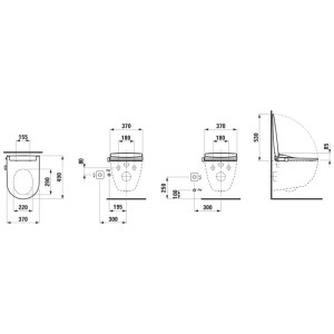 Diagramme technique Laufen Dusch-WC-Aufsatz Pro avec dimensions, vues de dessus, de face et de côté pour l'installation.