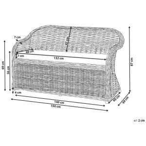 Disegno quotato della panca da giardino in rattan Susua. Vista dettagliata con tutte le misure: 150x69x87 cm.