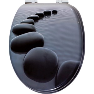 Sedile WC baliv Comala II, copriwater grigio con motivo a pietra e chiusura rallentata.