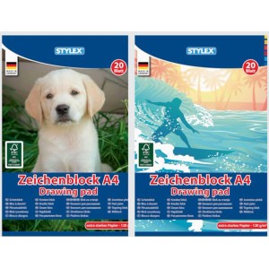 Stylex Zeichenblock A4, 20 Blatt, 120 g/m², mit Welpen- und Surfer-Cover. Ideal für Skizzen und Zeichnungen.