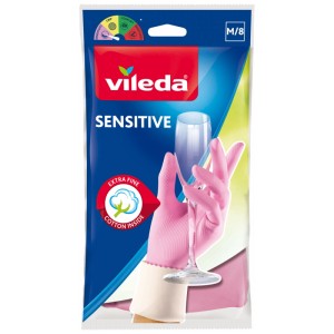 Guanti Vileda Sensitive Der Feine M, lattice rosa con rivestimento in cotone.